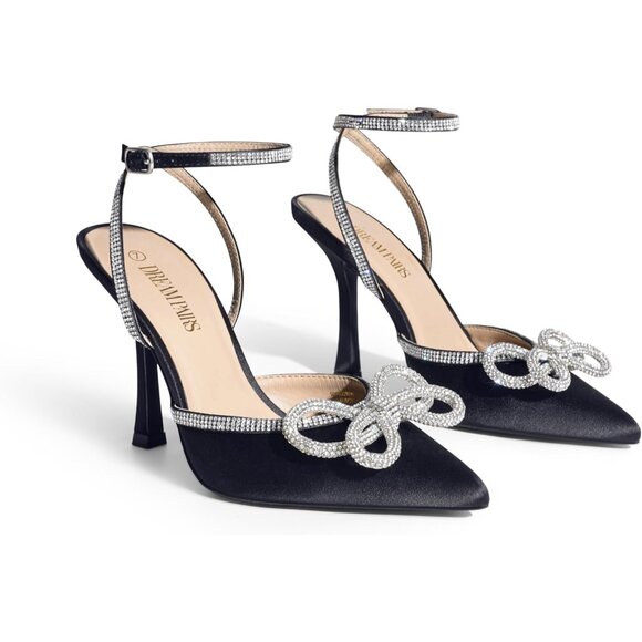 Dream Pairs Womens Black Satin Double Bow Pointed Closed Toe Kitten Heels Pumps - Picture 8 of 8